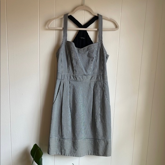 Nanette Lepore Blue and Grey Pin Stripe Beach Sweetheart Halter Mini Dress Sz 4 - Picture 1 of 11